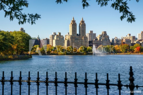 Picture of Manhattan Upper West Side with colorful fall foliage and fountain across Jacqueline Kennedy Onassis Reservoir Central Park West  New York City